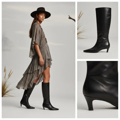 Tuhoomall Stylish Comfortable Knee-High Boots for Women, Pointed Toe, Chic Cat Heel, All-Season Rubber Sole, Effortless Slip-On Design