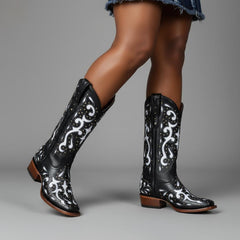 Tuhoomall Mid-Calf Western Boots with Glitter Inlays and Rivets for Casual Parties and Performances