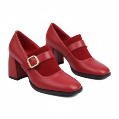 Tuhoomall Mary Jane High Heel Loafers for Women, 7.5 cm Chunky Heel, All-Season Fashion, Pure Leather, Comfortable Slip-On Design