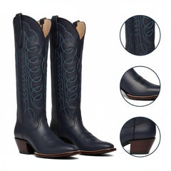 Tuhoomall Western Boots for Women with Embroidery, Chunky Heel 2.00 in, Mid-Calf Length, Vegan Leather, Casual Fashion Footwear, All Seasons