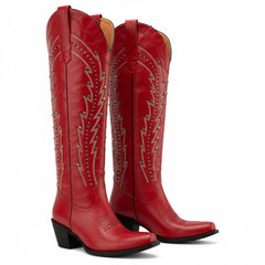 Tuhoomall Western Knee-High Boots with Studs and Rhinestones, Low Chunky Heel 2.25 in, All-Season Fashionable Casual Footwear