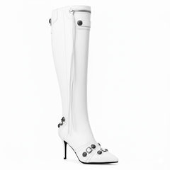 Tuhoomall Comfortable Knee-High Fashion Boots with Zip and Studded Design, 10cm High Heel for Parties, Weddings, and Everyday Stylish Looks