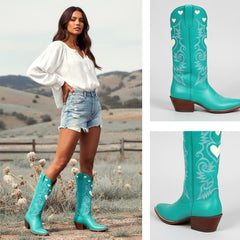 Tuhoomall Western Knee High Boots With Rubber Sole, 5cm Chunky Heel, Embroidered Sweet Pink Hearts For Casual Fashion All Year Round