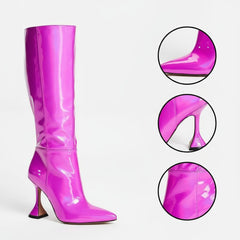 Tuhoomall Iridescent Mid Calf Stiletto Heeled Boots for Parties and Performances, Fashionable Vegan Leather, Pointed Toe, Easy Slip-On, 9.5cm Height