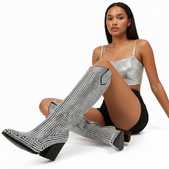 Tuhoomall Rhinestone Western Mid-Calf Boots for Women, Stylish 3.15 in Chunky Heel, Vegan Suede, Perfect for Parties and Performances