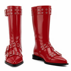 Tuhoomall Comfortable Mid-Calf Boots For Parties & Daily Wear With Adjustable Buckles, Zipper And Metal Accents - Casual All-Season Fashion Footwear