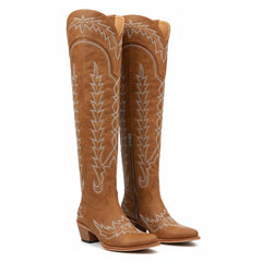 Tuhoomall Western Knee High Boots for Women, Floral Embroidery, Rubber Sole, Adjustable Buckle, Chunky Heel, All-Season Casual Wear