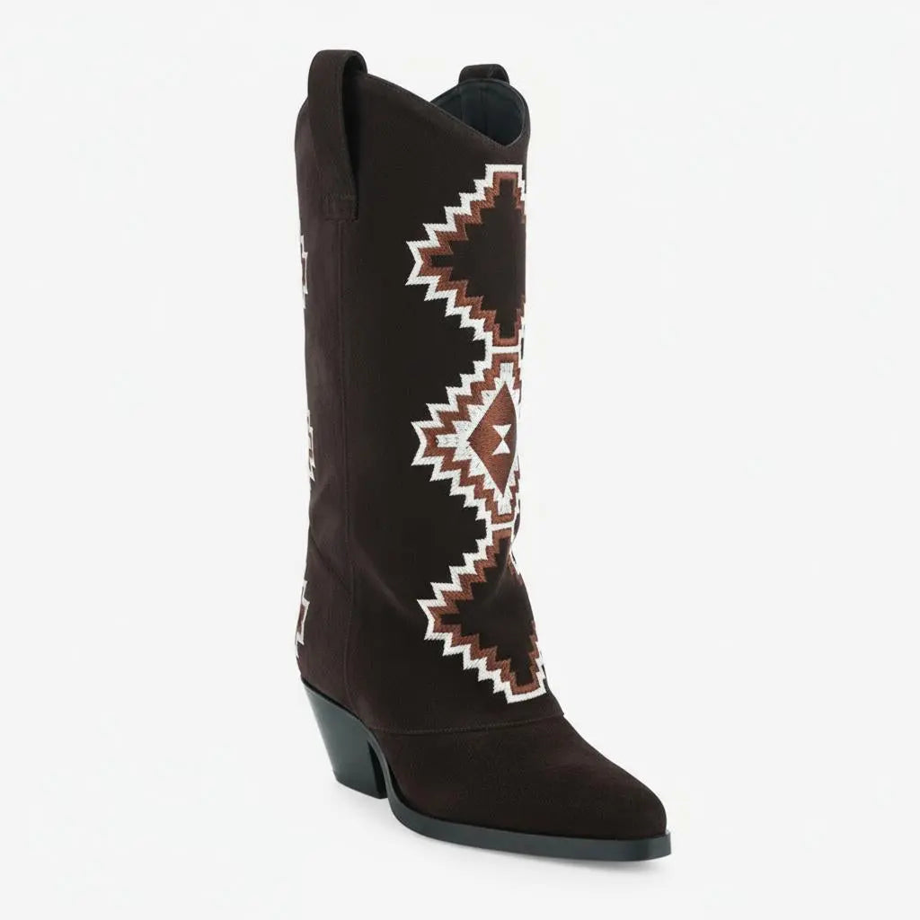 Tuhoomall Western Style Mid-Calf Booties with Colorful Geometric Patterns and Floral Embroidery - Perfect for Bohemian Chic Casual Outfits Tuhoomall