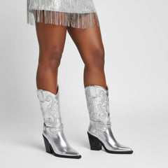 Tuhoomall Metallic Rhinestone Western Boots For Women - Pointed Toe, Block Heel, Fashion Statement For Parties, Made Of Vegan Leather And Embroidered Details