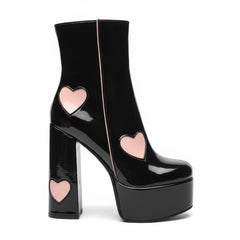 Tuhoomall Chunky Heeled Ankle Boots for Women, Heart Pattern, Zipper Closure, All-Season Fashion, Perfect for Parties and Travel
