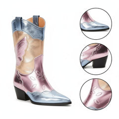 Tuhoomall Colorful Metallic Western Mid Calf Boots with Embroidery, Pointed Toe, Comfort Block Heel for Casual Wear