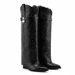 Tuhoomall Trendy Wedge Heeled Ankle Boots with Graphic Print for Parties and Fashion Shows, Slip-On Design, Relaxed Comfort