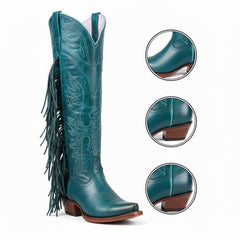 Tuhoomall Fringe Western Knee High Boots for Women, Soft Vegan Suede, Embroidered Design, Perfect for Vintage, Casual, and Party Wear