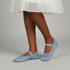 Tuhoomall Comfortable Rhinestone Ballet Flats for Women - Casual Blue Mesh Slip-On Shoes with Low Heel and Round Toe