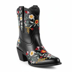 Tuhoomall Stylish Western Ankle Boots with Floral Embroidery, Rubber Sole, Chunky 5cm Heel for Classic and Casual Looks