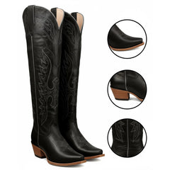 Tuhoomall Faux Suede Knee High Western Boots with Embroidered Eagles for Fashion, Travel, and Parties, 2.36 in Chunky Heel