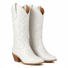 Tuhoomall Western Chunky Heel Women's Cowboy Boots, Comfortable Slip-On, Retro Embroidered Design, Non-Slip Sole for Travel and Casual Wear