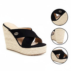 Tuhoomall Waterproof Wedge Sandals for Women, Ethnic Style, Slip-On, Casual Fashion, Rubber Sole, Suede-Like Upper, Perfect for Stylish Outings