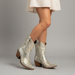 Tuhoomall Chunky Heel Western Short Ankle Boots for Women - Studded Design, Slip-On Comfort, Versatile for Travel and Weddings