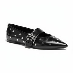 Tuhoomall Comfortable Pointed-Toe Flat Shoes with Adjustable Buckle for Casual Party Style - Studded Genuine Leather Upper, Rubber Sole