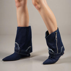 Tuhoomall Women's Short Denim Ankle Boots, Stylish Wedge Heel, Foldable Cuff, Perfect for Formal and Casual Events
