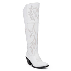 Tuhoomall Western Over-the-Knee Boots for Women, Chunky Heel, Snip-Toe, Embroidered, Slip-On, Distressed Style for Parties and Casual Outings