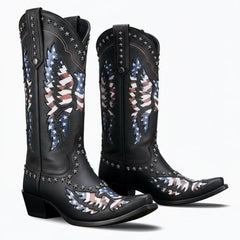 Tuhoomall Western Mid-Calf Boots for Women, Rubber Sole, 1.75 in Chunky Heel, Easy Slip-On, Stylish Embroidered Star Design for Casual and Travel