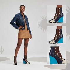 Tuhoomall Fashion Ankle Booties With Zip And Studs, Chunky Wedge Heel, Stylish For Parties And Casual Outings, All-Season Wear