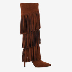 Tuhoomall Fashion Women's Knee-High Boots with Fringe Detail, Stylish Pointed Toe, and 10.7cm Stiletto Heel for Parties and Performances