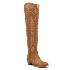 Tuhoomall Western Knee High Boots for Women, Floral Embroidery, Rubber Sole, Adjustable Buckle, Chunky Heel, All-Season Casual Wear