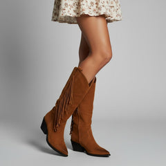 Tuhoomall Western Style Mid-Calf Boots with Tassels, Casual Fashion Footwear, Chunky Heel, Faux Suede, Zipper Closure, All-Season Design