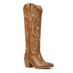 Tuhoomall Tuhoomall Western Knee-High Boots for Women, Floral Embroidered Design, Perfect for Parties, Office, and Casual Wear, 7.5 cm Classic Mid Chunky Heel