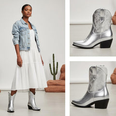 Tuhoomall Western Ankle Boots with Embroidered Pattern, 5cm Chunky Heel, Slip-On Design for Fashion and Travel, Durable Synthetic Fabric Lining