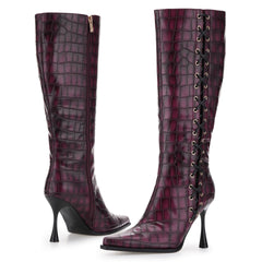 Tuhoomall Fashion Knee-High Boots for Women, Chic Style with Zipper and Stone Pattern, 9cm Stiletto Heels for Everyday and Work Use