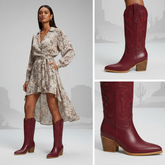 Tuhoomall Western Style Embroidered Mid Calf Boots for Women, Pointed Toe, Chunky Low Heel, Fashionable All-Season Footwear, Perfect for Parties