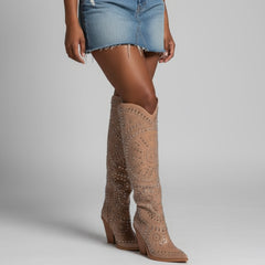 Tuhoomall Western Style Mid Calf Cowboy Boots with Chunky Heel, Pointed Toe, Zipper Closure, Studded Design, Vegan Leather, Ideal for Spring, Fall & Winter