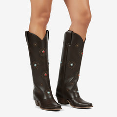 Tuhoomall Western Knee-High Boots With Studs And Embroidery, Casual Fashion For All Seasons, Foldable Design, Chunky Heel, Rubber Sole