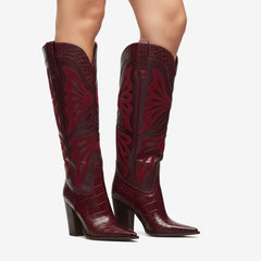 Tuhoomall Fashion Casual Knee-High Boots with Embroidery, Lizard Pattern Chunky Heel for Travel, Work, Party and Evening Wear