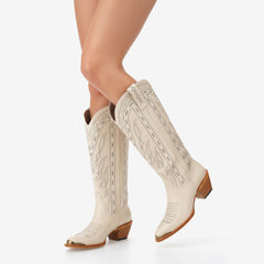 Tuhoomall Western Cowboy Boots for Women - Comfortable Embroidered Low Heel Mid-Calf Boots for Parties and Daily Wear