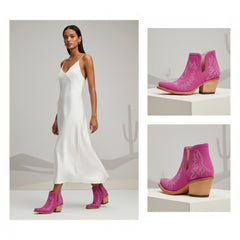 Tuhoomall Stylish Women's Ankle Boots, Chunky 2.36 in Heel, Slip-On Design, Embroidered Details, All-Season Fashion