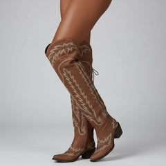 Tuhoomall Western Cowgirl Knee-High Boots with Embroidery & Studs, Chunky Heel, Zipper Closure, Casual Style, Snip Toe Design, Pre-Sale