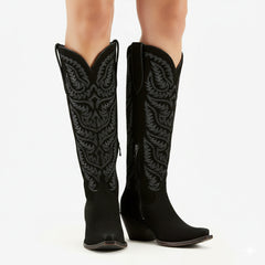 Tuhoomall Western Cowboy Knee High Boots for Women, Floral Embroidery, Comfortable Chunky Heel, Perfect for Travel and Outdoor Fashion