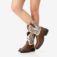 Tuhoomall Western Cowboy Ankle Boots for Women, Embroidered Short Boots for Outdoor Fashion Casual Wear, Comfortable Round Toe with Slip-On Design