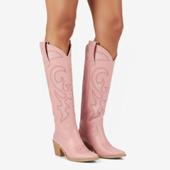 Tuhoomall Western Style Knee High Boots With Rhinestones & Embroidery, Trendy Chunky Heels For Casual Office Wear, All Season Comfort