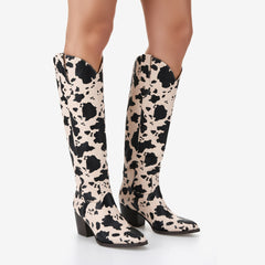 Tuhoomall Western Knee High Cowboy Boots, Animal Print, Stylish Mid Block Heel, Perfect for Parties and Casual Outings