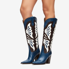 Tuhoomall Fashion Casual Knee-High Boots with Embroidery, Lizard Pattern Chunky Heel for Travel, Work, Party and Evening Wear