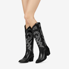 Tuhoomall Western Style Knee High Boots With Rhinestones & Embroidery, Trendy Chunky Heels For Casual Office Wear, All Season Comfort