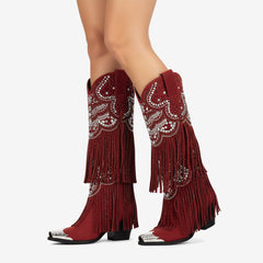 Tuhoomall Western Knee High Boots for Parties, Performances, Fashionable Comfort with Floral Embellishments and Sparkling Details