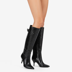 Tuhoomall Knee-High Stylish Party Boots for Women with Pointed Toe, Adjustable Buckle, Stone Pattern, 8cm Mid-Heel, Comfortable Rubber Sole