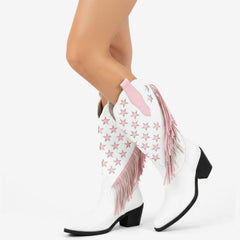 Tuhoomall Western Style Fringe Ankle Boots for Women, Comfortable Low Heel Party Footwear, All-Season Fashion for Performances and Dance Events Tuhoomall